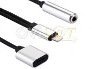 Cable adaptador de 8 pines macho (lightning) a lightning hembra + audio jack hembra, color gris para dispositivos Apple